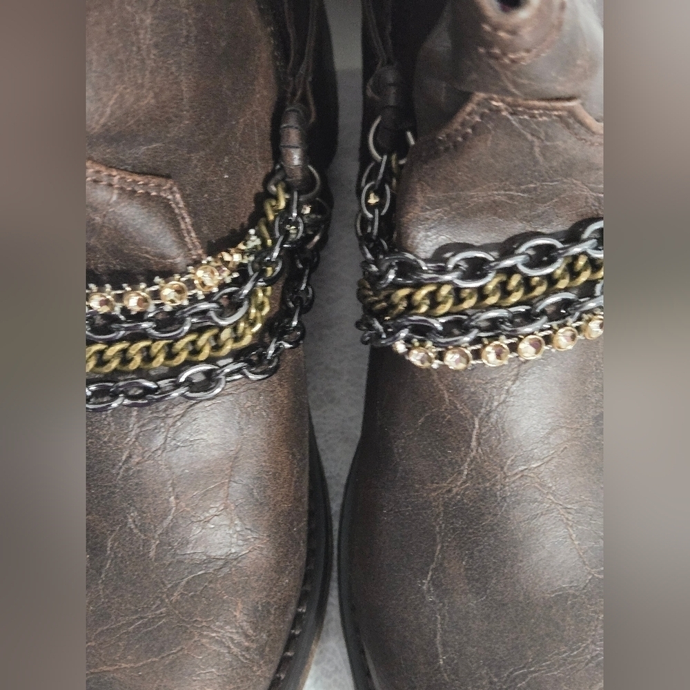 Candie's Girl 3 Brown Combat Moto Ankle Boots Chains Zipper - Picture 7 of 11